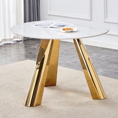 VYNXARIA 42-inch stainless steel leg round table with a marble top is suitable for use by four or six people