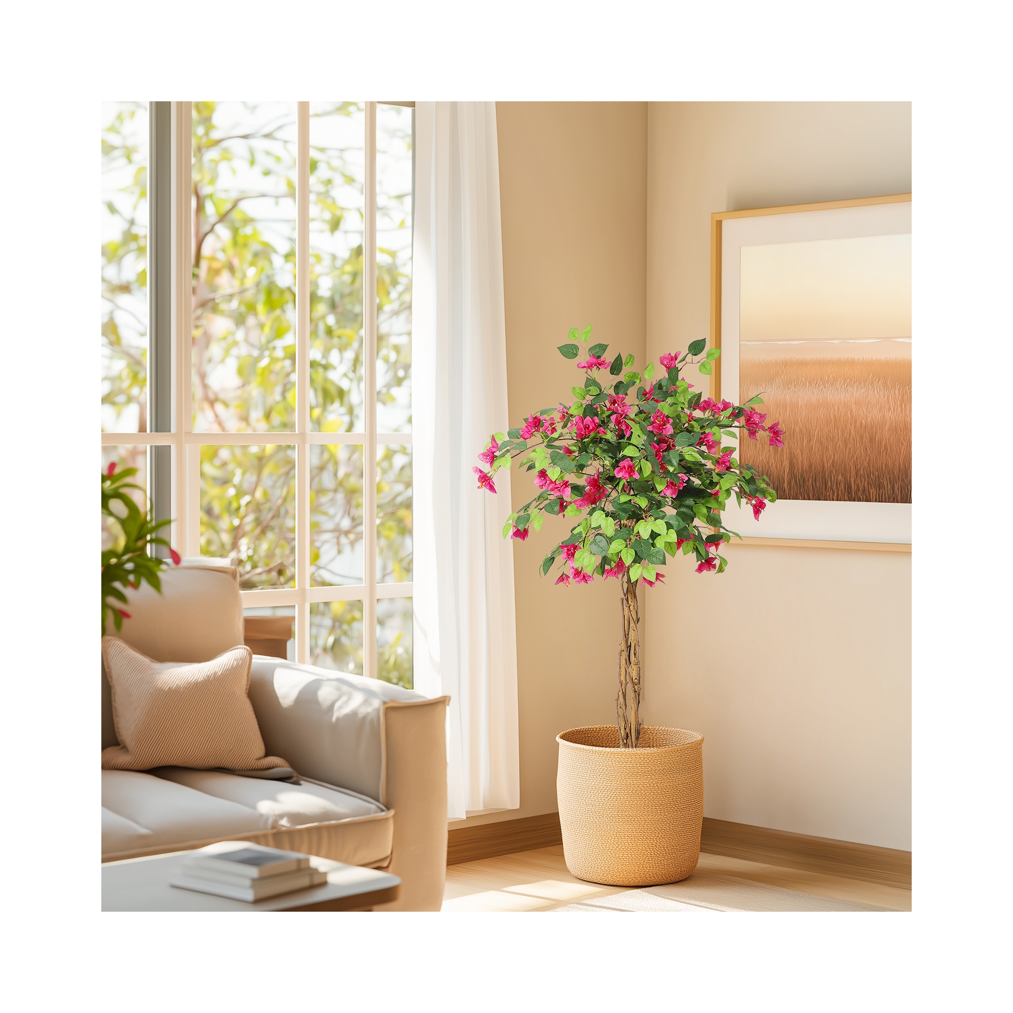 4ft Artificial Bougainvillea Tree with Flowers, Realistic Faux Plants in Pot, Unique Dual-Trunk Design,Artificial Plants for Room Office Home Decor