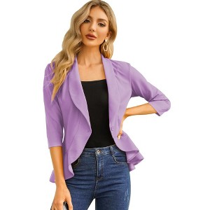 Womens Casual Blazer 3/4 Sleeve Open Front Ruffle Work Office Cardigan Suit Jacket Purple XL - 1 of 4