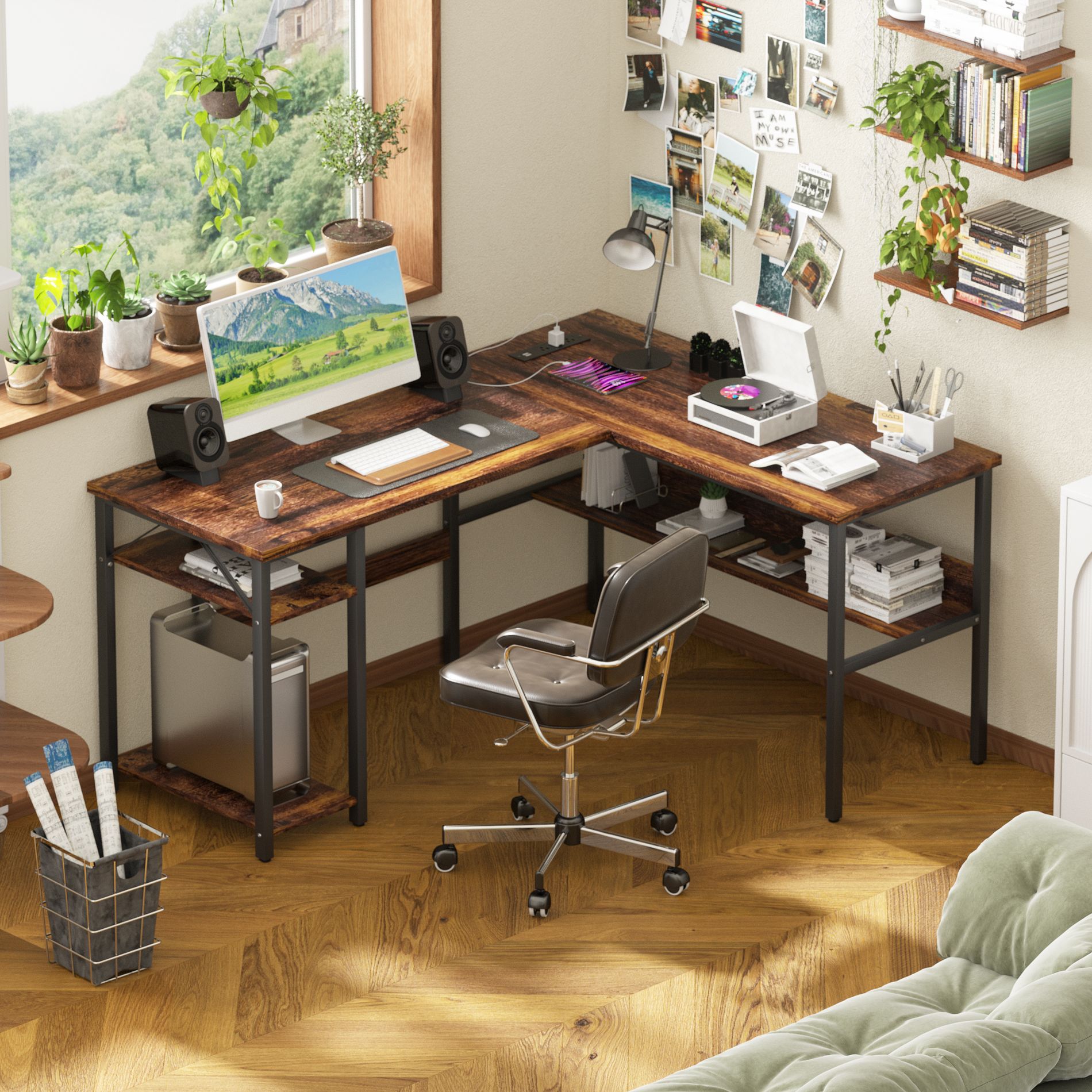 Aheaplus 47'' Brown Reversible L Shaped Desk with Storage, Power Outlet, USB Ports