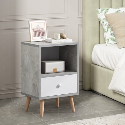 Infurnic Nightstands 2 Set Of Double-Layer Single Draw Nightstand With Drawer, Open Compartment, And Pine Wood Legs, Gray, 15.83"*11.81"* 23.62"