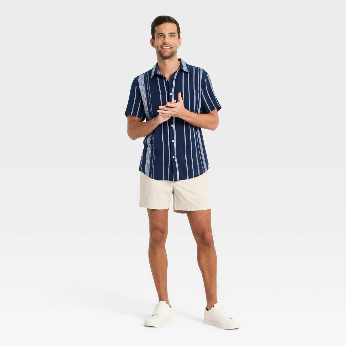 Мужские рубашки Goodfellow & Co Men's Short Sleeve Camp Shirt - Goodfellow & Co™ Navy Blue Striped M — фото 3