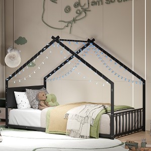 House Bed with Roof and Colorful Lights, Metal Bed Frame with Slats and Legs - 1 of 4