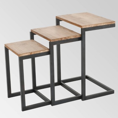 Tohono Antique Firwood and Iron Nesting C-Tables Set of 3