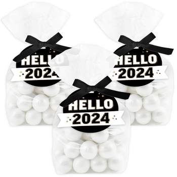 Big Dot of Happiness Hello New Year - 2024 NYE Party Clear Goodie Favor Bags - Treat Bags With Tags - Set of 12
