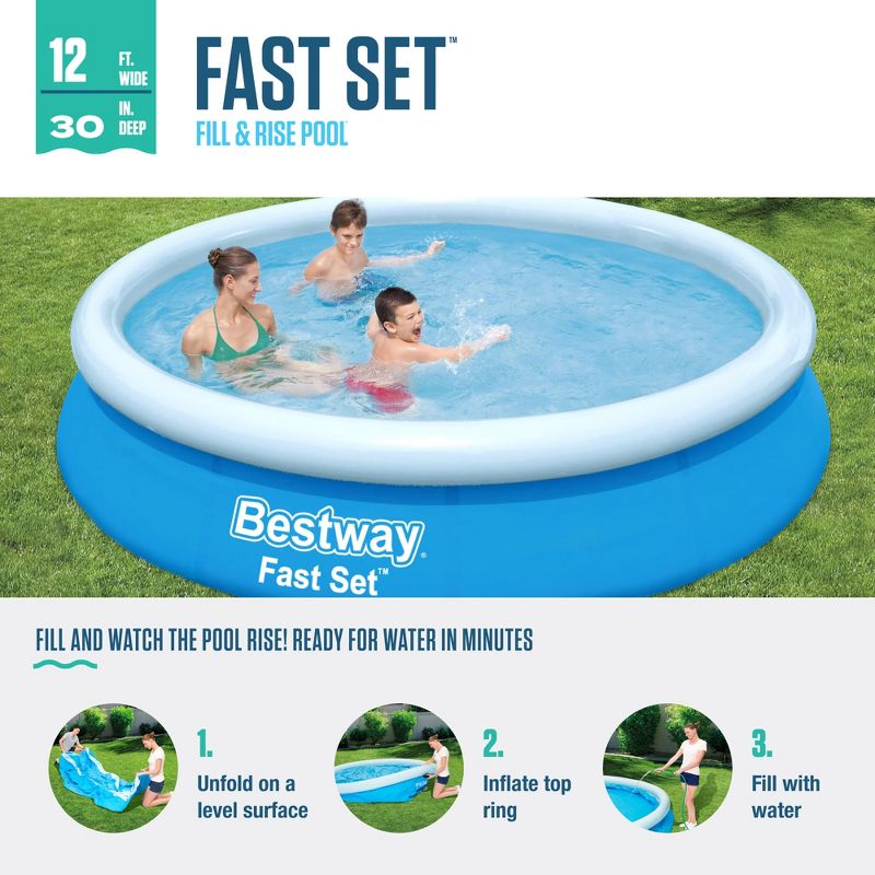 Bestway Fast Set 12 Foot x 30 Inch Round Inflatable Ring Above Ground Swimming Pool Set Easy Setup Backyard Outdoor Family Pool with Filter Pump, 3 of 9