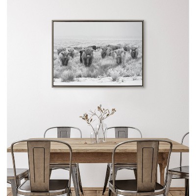 Large Black and White Highland Cow Canvas Print with Gray Frame