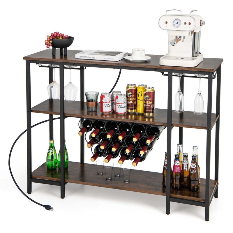 Costway Wine Cabinet Bar Table Rack Table for Drinks Glasses with Power Outlets Brown/Grey, 1 of 11
