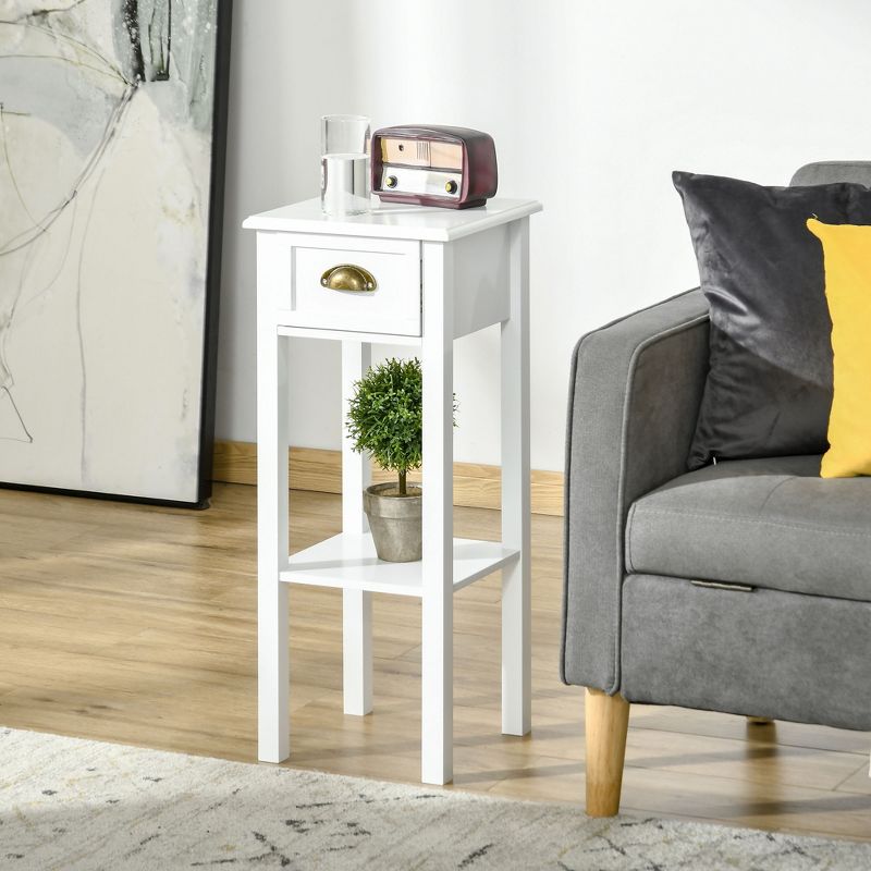 HOMCOM 2-Tier Side Table with Drawer, Narrow End Table with Bottom Shelf, for Living Room or Bedroom, Set of 2, White, 2 of 7