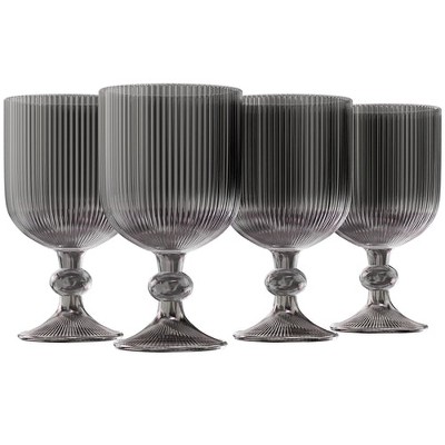 Kook Ribbed Glass Wine Goblets, 13 oz, Set of 4, Black
