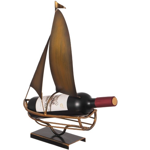 Vintiquewise Decorative Bronze Metal Vintage Single Bottle Abstract Boat  Wine Holder for Tabletop or Countertop
