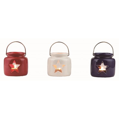Transpac Ceramic Americana Tealight Holder Set of 3 Multicolored Candle Holders for Tabletop or Mantel Decor