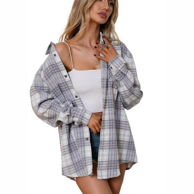 Whizmax Womens Spring Fashion 2023 Plaid Flannel Jacket Casual Long Sleeve Button Collared Neck Oversized Shirts white blue L