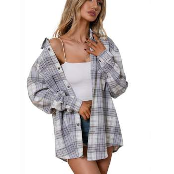 Whizmax Womens Spring Fashion 2023 Plaid Flannel Jacket Casual Long Sleeve Button Collared Neck Oversized Shirts