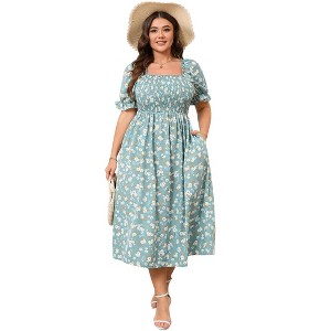 Clearlove Women's Plus Size Square Neck Puff Short Sleeve Self Tie Front A Line Dress - 1 of 4