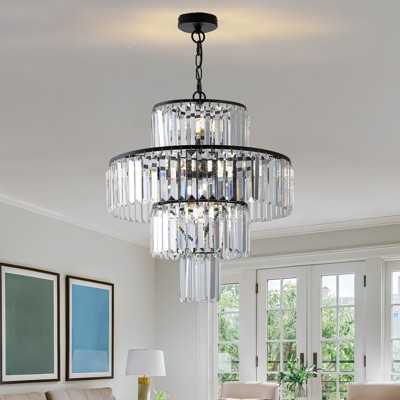 Modern Crystal Chandeliers Round Adjustable Ceiling Chandeliers Light Fixture 4-Tier K9 Crystal Pendant Lamp for Dining Room Living Room (19.7 Inch)