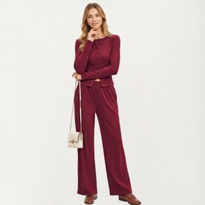Anna-Kaci Women's 2-Piece Set Long Sleeve Button Front Top and Wide Leg Design Pants - 1 of 4