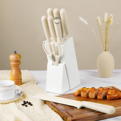 Attop 8-Piece Ceramic Coated Knife Set with Sharpening Rod - High Carbon Stainless Steel Kitchen Knives with Block