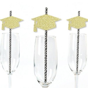 Big Dot of Happiness Gold Glitter Grad Cap Party Straws - No-Mess Real Gold Glitter Cut-Outs & Decorative Graduation Party Paper Straws - Set of 24 - 1 of 4