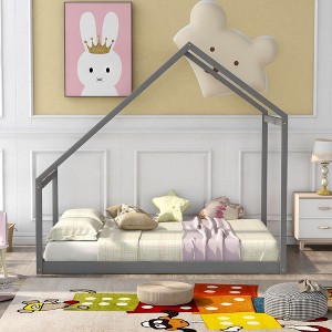 CAVINAS Twin Size Floor Bed Modern House Shaped Wooden Bed Frame with Sloping Roof for Bedroom - 1 of 4