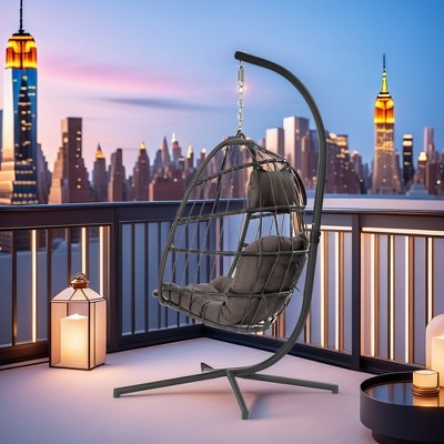 FURNIinspire Patio Swings Outdoor Indoor Outdoor Wicker Hanging Chair Swing Chair Egg Chair, Patio Swing With Gray Cushion, Gray, 36“*36"*77"