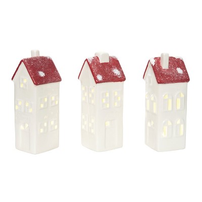 Transpac Large Ceramic Light Up Tall Cottage Figurine w/Glitter Set of 3 Christmas Home Decorations