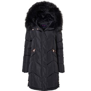 Sportoli Women Quilted Long Winter Coat Fur Trim Plush Lined Hood Puffer Jackets - 1 of 4