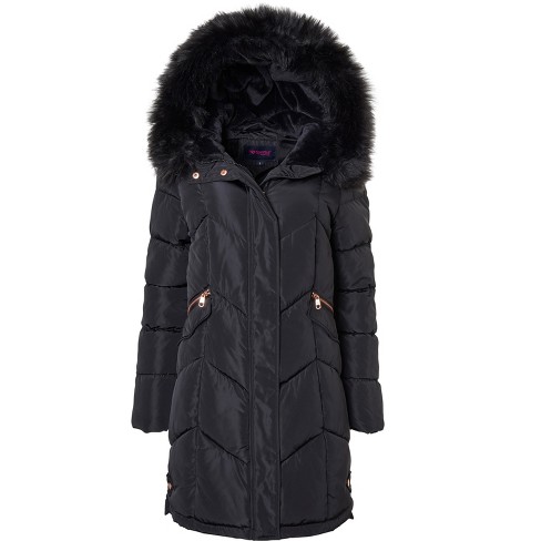 Padded faux fur hooded quilted puffer coat sales black