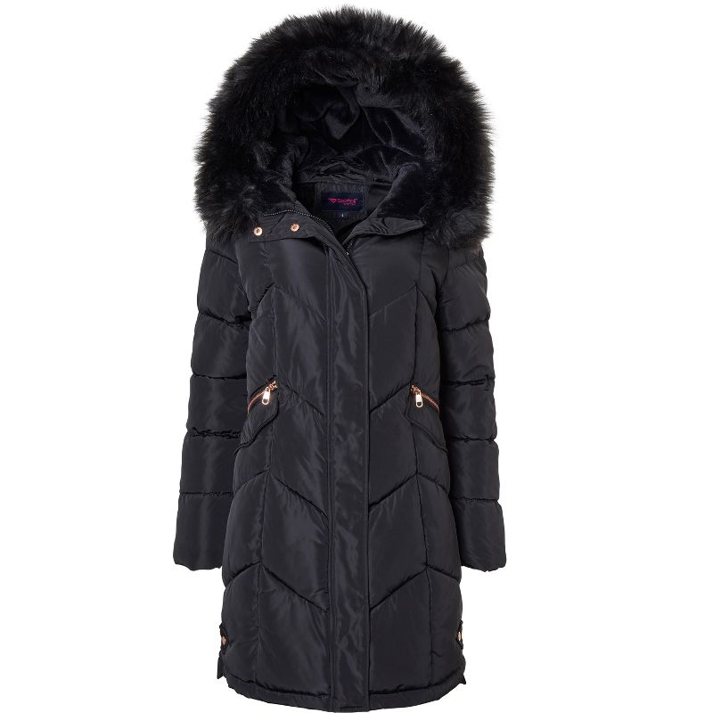 Sportoli Women Quilted Long Winter Coat Fur Trim Plush Lined Hood Puffer Jackets, 1 of 5