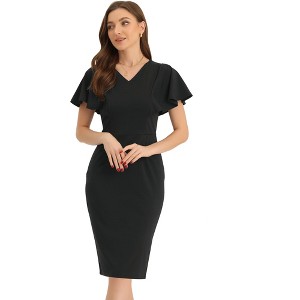 Allegra K Women's V Neck Flare Sleeve Wear to Work Sheath Dresses - 1 of 4