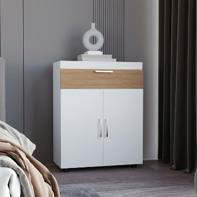 Vynxaria Modern Shoe Rack with Double Doors - Freestanding Footwear Storage Cabinet, White/Natural Oak Finish, Compact Design