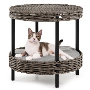 Tangkula 2-tier Rattan Cat Nest Wicker Kitten House w/ Removable Padded Cushion for Home - 1 of 4