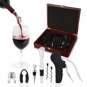 True Wine Tools Boxed Kit with Lever Corkscrew, Foil Cutter, Chrome Bottle Stopper, Aerator Pourer, 2 Worms, Champagne Stopper, Set of 7, Brown - 1 of 4