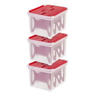 IRIS USA Wing-Lid Storage Box with 4 Light Wraps, 3 Pack, Clear/Red