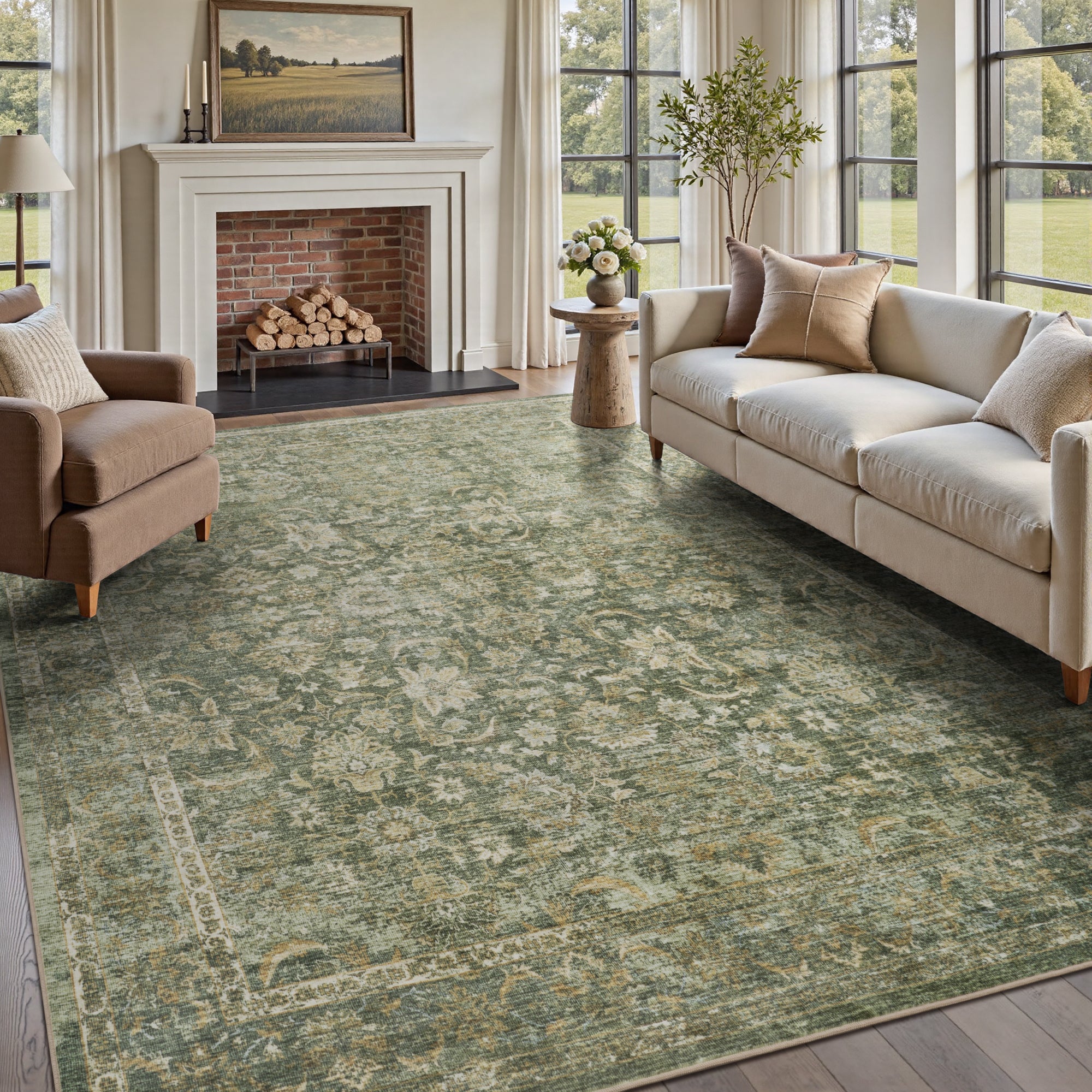 MontVoo Vintage Floral Non-slip Washable Rug Green 9'x12'