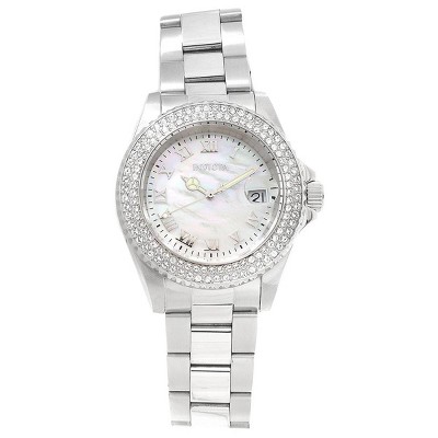 Invicta 19873 Women's Angel Crystal Accented Bezel White MOP Dial Steel Bracelet Dive Watch