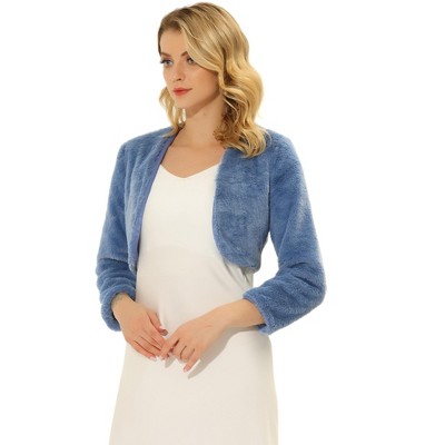 Allegra K Women's Cropped Open Front Collarless Long Sleeve Faux Fur Jacket