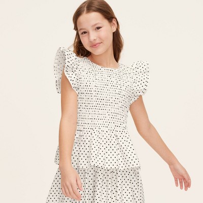 Girls' Mini Polka Dot Flutter Short Sleeve Smocked Peplum Shirt - kate spade new york x Target Cream/Black