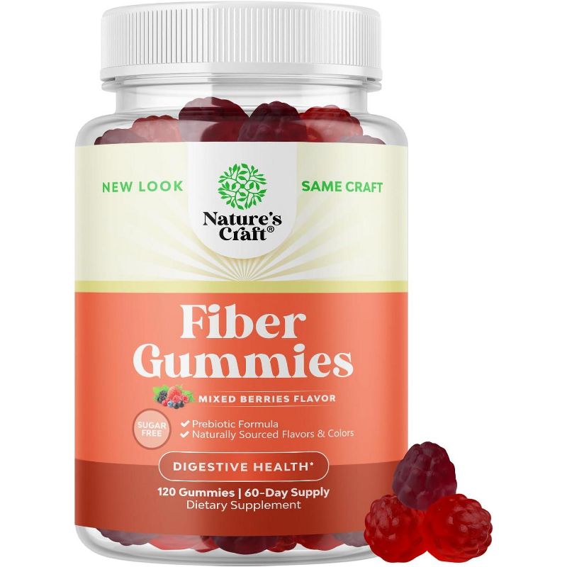 Sugar Free Fiber Gummies for Adults, Prebiotic Soluble Chicory Root for Immunity & Digestive Support, Mixed Berry Flavor, Nature's Craft, 120ct, 1 of 5