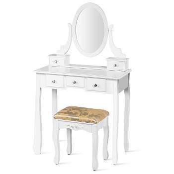 Tangkula Vanity Table Set w/ 360° Rotating Oval Mirror & Drawers Black/White