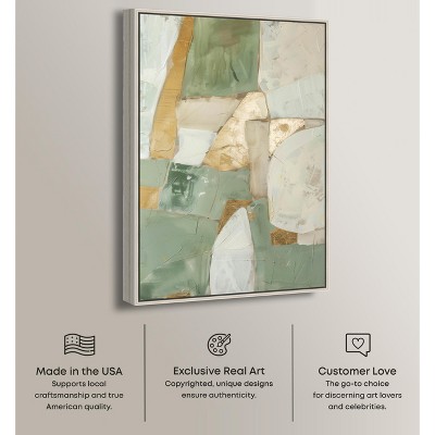 Sage Green and Gold Abstract Canvas Wall Art with Silver Frame