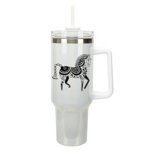 Elanze Designs 40 Ounce Travel Tumbler With Straw and Lid Stainless Steel Double Wall Insulated Majestic Floral Horse White Glitter - 1 of 4