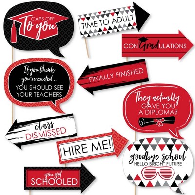Big Dot of Happiness Funny Red Graduation Party Photo Booth Props Kit - 10 Piece