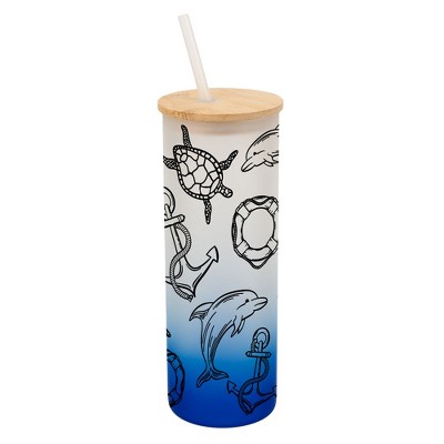 Elanze Designs Ocean Life Sea Turtle Dolphin Sailboat Wrap-Around Design 25 Ounce Frosted Gradient Glass On-The-Go Coffee Travel Skinny Tumbler Mug