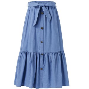 Girls Ruffled Maxi Skirts High Waisted Long Skirt with Belt Button Front Skirts with Pocket Grey 5-14Y - 1 of 4