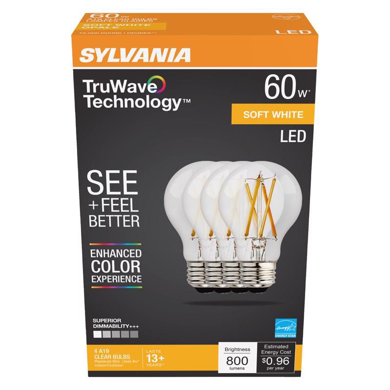 Sylvania TruWave A19 E26 (Medium) LED Bulb Soft White 60 Watt Equivalence 4 pk, 1 of 2