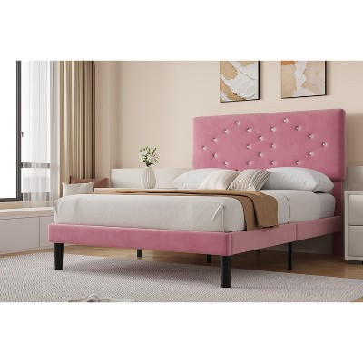 Bed Frame with Button Tufted Headboard - Upholstered Platform Bed with Wooden Slats Support, Velvet Bed Frame, Easy Assembly, No Box Spring Required