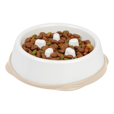 White and Beige Slow Feeder Dog Bowl with Anti-Slip Base