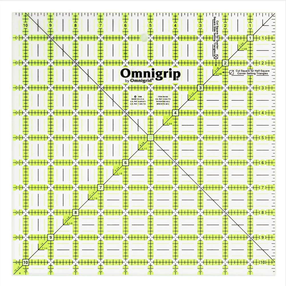 Omnigrid 10-1/2" x 10-1/2" Non-Slip Square Quilting Ruler: Quilters Rulers, 10.5 x 10.5, Sewing Tools, Quilting Supplies