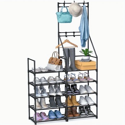 DOMETOUR Entryway Coat Rack with Shoe Storage Organizer, 5-Tier Shoe Rack Hall Tree Shoe Shelf for Bedroom, Hallway, Office